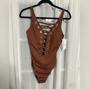 Bleu Rod Beattie  Pecan One piece lace up swimsuit NWT size 8